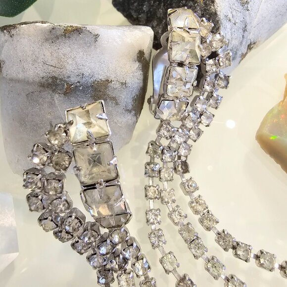 Vintage Rhinestone Waterfall Clip-on Earrings - Picture 2 of 6